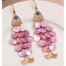 1 Pair Creative Fish Shaped Shell Tassel Earrings, Elegant Personalized Accessories With Beach Vacation Vibe - hồng - Xem 4