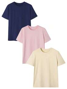 Set de 3 camisetas de manga corta de cuello redondo de estilo casual y versátil para uso diario de mujer - Azul marino, rosa y albaricoque - Ver 2