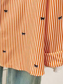 Camisa de manga larga con estampado a rayas y lazo, con botones delanteros, cuello de camisa, top casual, adecuado para primavera, otoño e invierno en color rosa - Naranja - Ver 8