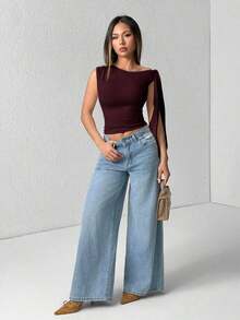 Top de hombro asimétrico con tirantes de atar de unicolor para mujer - Marrón Mocha - Ver 6