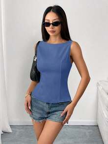 Camisa sin mangas con lazo en la espalda de unicolor, elegante, casual, sexy y minimalista para uso en la oficina y negocios para mujeres, primavera/verano - Azul - Ver 8