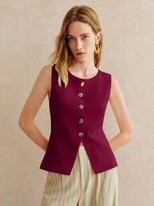 Blusa de punto sin mangas con botones delanteros de unicolor para uso casual y de oficina para mujeres - Rojo violeta - Ver 5