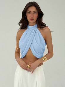 Blusa elegante y sexy para mujer con cuello cruzado, fruncido en la espalda y botones, de estilo casual y de vacaciones, de gasa - Celeste - Ver 3