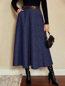 DECDS Falda elegante vintage para mujer con bolsillos y cinturón a cuadros, falda casual de vacaciones, falda gris de otoño, invierno y Navidad, falda para invitada de boda - Azul marino - Ver 12