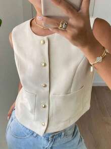 Chaqueta ajustada sin mangas de cuello redondo de unicolor para mujer, primavera/verano - Albaricoque 2 - Ver 5