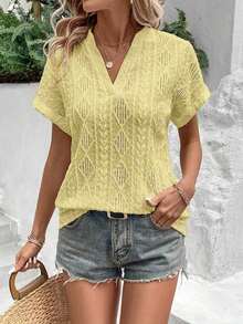 Camiseta suelta de mujer de manga de murciélago con escote en pico, de tela texturizada de unicolor, para verano y vacaciones - Amarillo - Ver 3