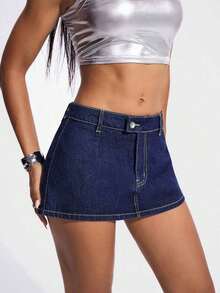 Minifalda de jean de moda con decoración de botón en la cintura para mujer - Azul lavado oscuro - Ver 3