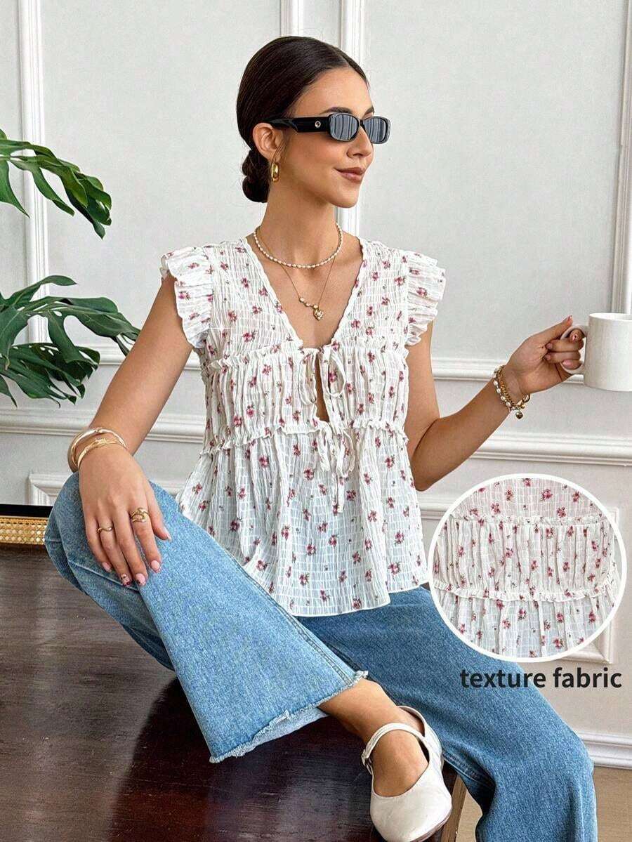 Blusa de verano casual de mujer con estampado floral retro, lazo delantero y volante en el bajo - Multicolor 3 - Ver 1