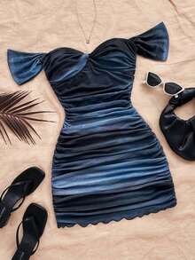 Vestido mini ajustado de punto con escote de hombros descubiertos, para vacaciones - Multicolor - Ver 7