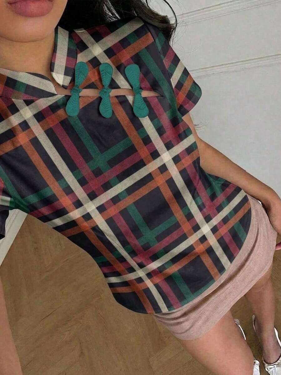 Blusa de cuello Mao de manga corta con cintura ceñida, estilo chino nuevo en color albaricoque, nuevo diseño de primavera/verano para mujer - Multicolor 2 - Ver 1