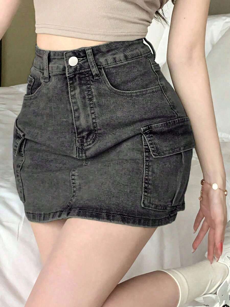 Minifalda de jean ajustada de mujer con decoración de bolsillo en estilo vintage lavado - Azul lavado oscuro - Ver 1
