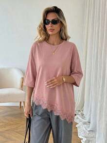 Camiseta básica de mujer de uso diario para primavera y verano, de unicolor, con dobladillo asimétrico y parches de encaje - Rosa vieja - Ver 5