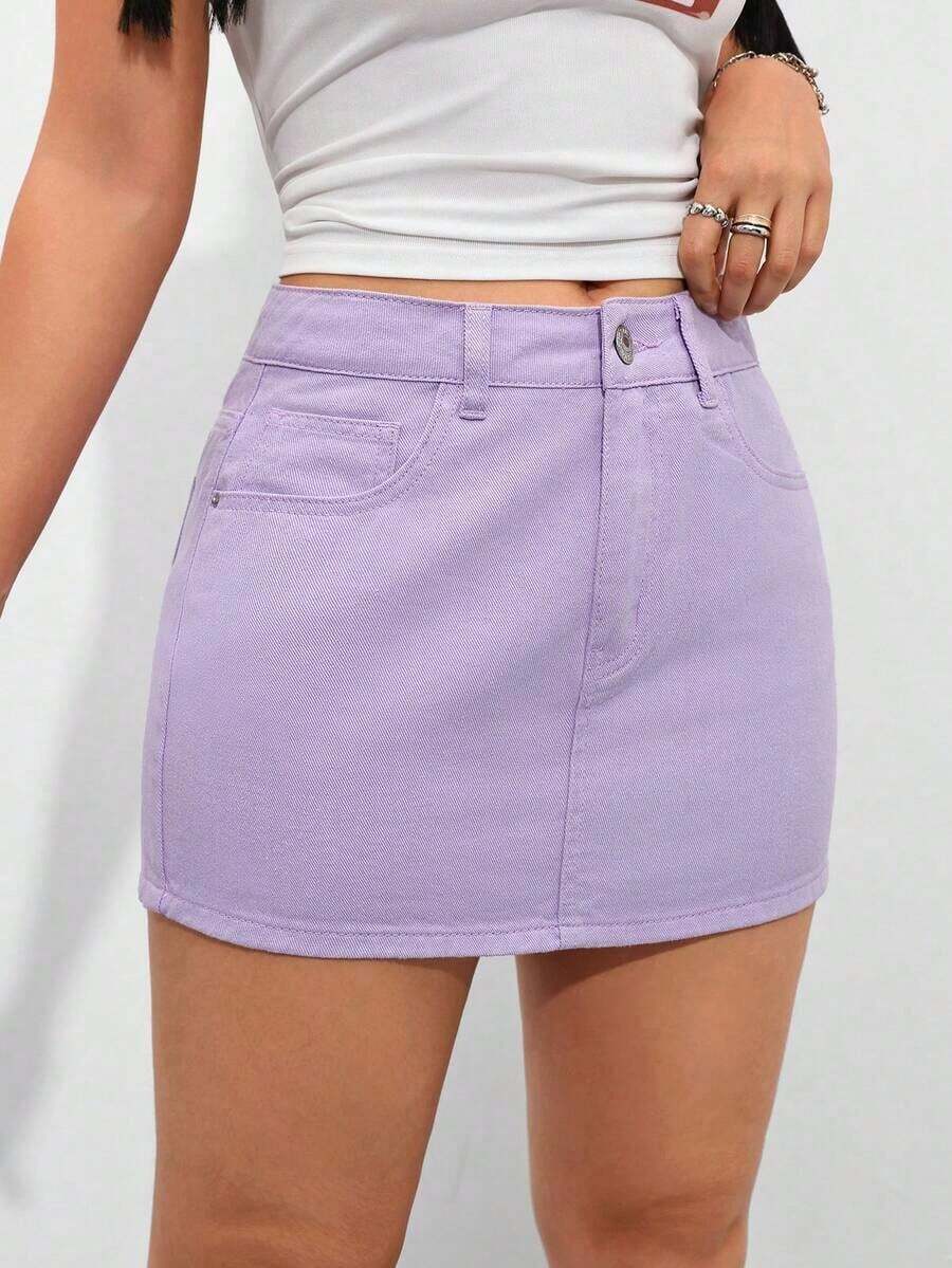 Minifalda vaquera casual de uso diario para mujer con bolsillos y botones - Morado - Ver 1