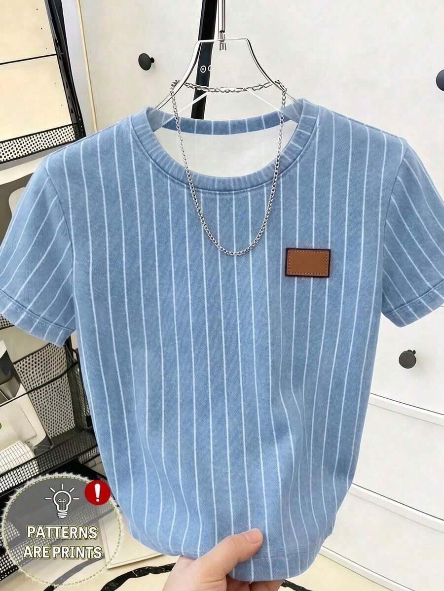 Camiseta de mujer de cuello redondo con estampado de contraste de color degradado de fresa, para verano - Multicolor - Ver 1