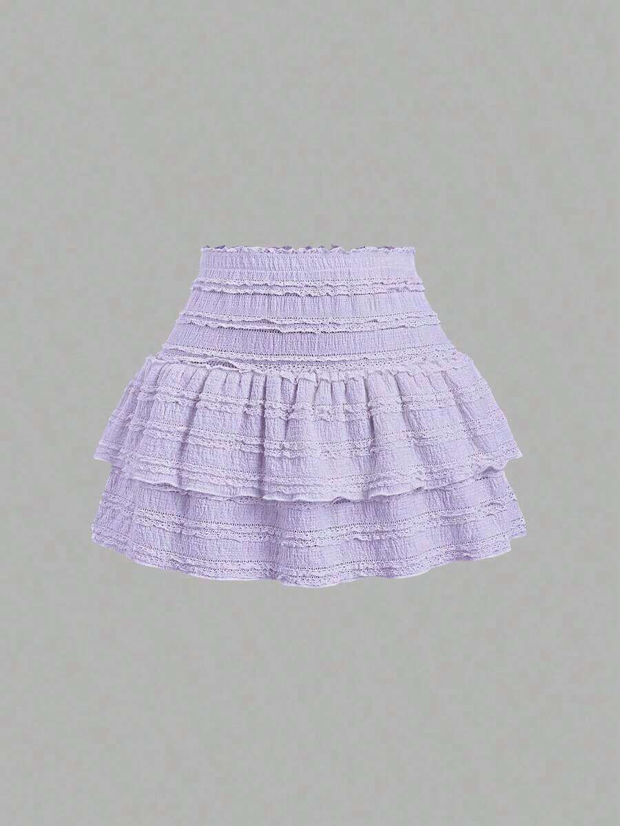 Falda mini casual y de resort Y2K con dobladillo de doble capa y ribete de volantes de unicolor - Púrpura malva - Ver 1