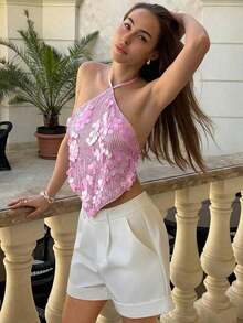 Top halter con espalda descubierta y lentejuelas sexy para mujer, atuendos de verano, ropa de verano, atuendos de playa para mujer, atuendos de vacaciones, atuendos bohemios tropicales de vacaciones, ropa de mujer, atuendos de concierto, atuendos de rave de mujer, atuendos de festival, atuendos de concierto country, atuendos de Ibiza, atuendos de Nashville, ropa occidental para mujer, ropa occidental bohemia, streetwear tropical, gyaru occidental, tops de verano lindos - Rosa 2 - Ver 5