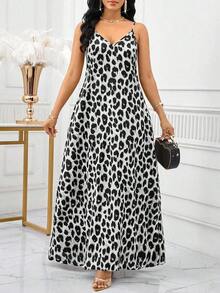 Lady Vestido largo con estampado de leopardo para mujer, estilo bohemio, sin espalda, holgado, vestido maxi suelto sin tirantes para cumpleaños, eventos, vacaciones, vestidos casuales, vestidos boho/bohemia/boho, top halter, ropa africana para mujer - Gris Oscuro - Ver 6
