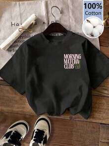 Playera minimalista moderna para mujer, de verano, con estampado de letras, casual, sencilla, holgada, a la moda, cómoda, estilo urbano, de algodón puro, manga corta, cuello redondo, camiseta holgada. - Negro - Ver 3