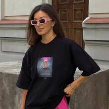 Camiseta de algodón de manga corta para mujer, estilo europeo y americano, moderna, versátil, de corte holgado, única, informal y urbana. - Negro - Ver 3