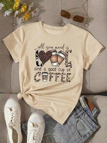 Camiseta Casual para Mujer con Estampado de Amante del Café, Manga Corta, Cuello Redondo, Poliéster con Detalles de Estampado de Leopardo, Top de Longitud Regular para Estilo Diario 6U8S - Albaricoque - Ver 1