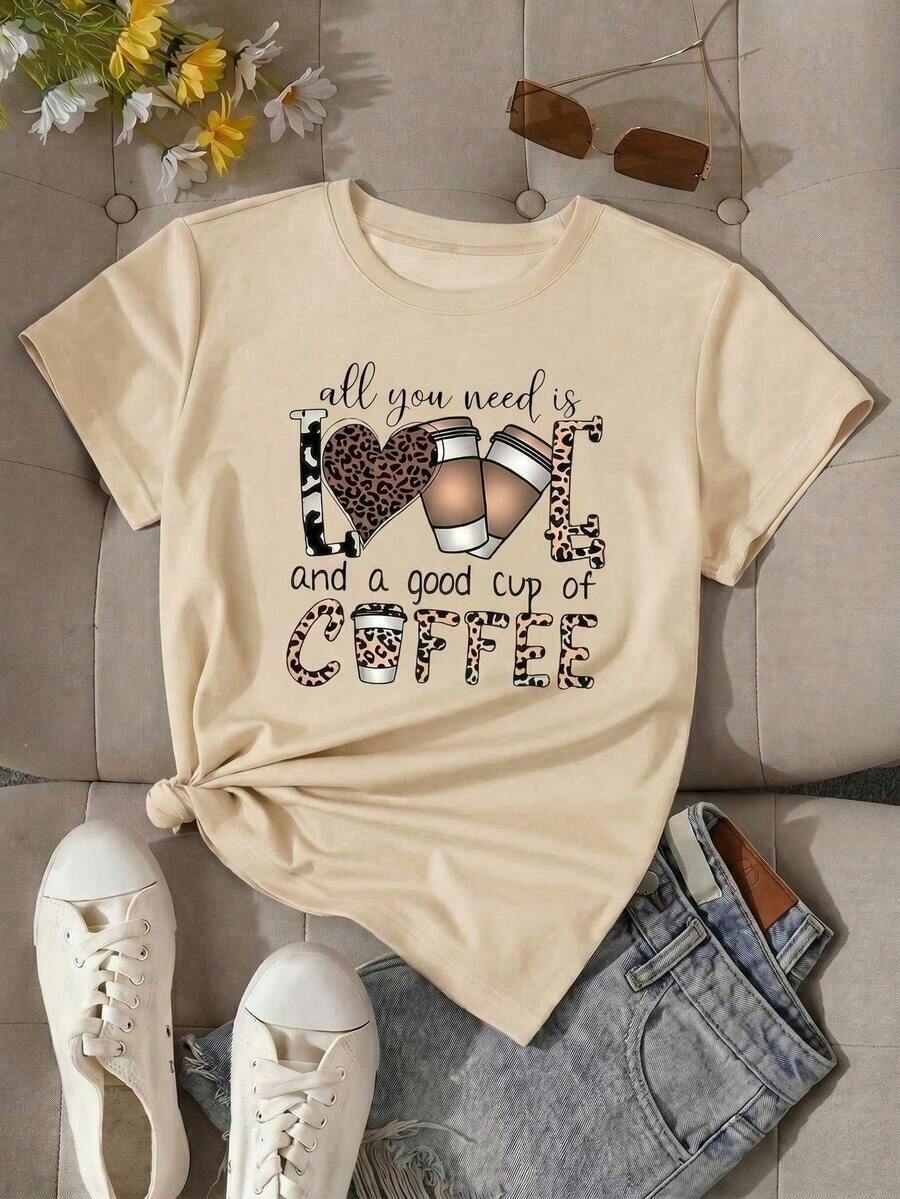 Camiseta Casual para Mujer con Estampado de Amante del Café, Manga Corta, Cuello Redondo, Poliéster con Detalles de Estampado de Leopardo, Top de Longitud Regular para Estilo Diario 6U8S - Albaricoque - Ver 1