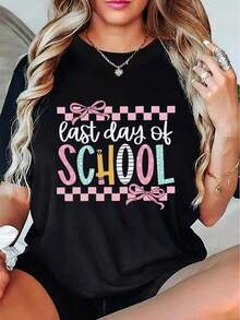 Camiseta Casual de Manga Corta para Mujer - Diseño Divertido con Estampado "Últimos Días de", Tela Cómoda, Negra con Bordes a Cuadros Coloridos y Decoración de Lazo, Ligera y Duradera, Adecuada para Actividades o Juegos, Ropa |   Camiseta con Estampado Divertido |   Tela de elasticidad media - Negro - Ver 1