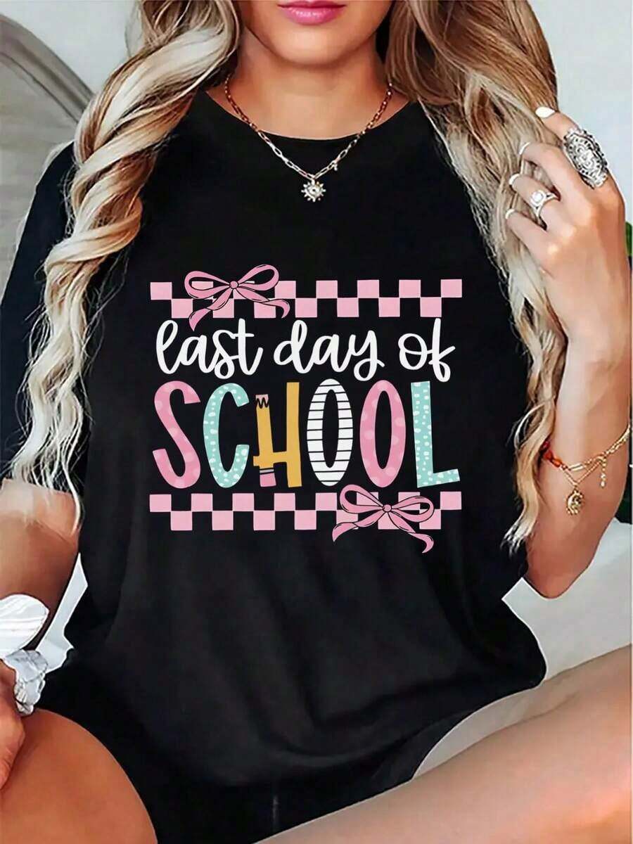 Camiseta Casual de Manga Corta para Mujer - Diseño Divertido con Estampado "Últimos Días de", Tela Cómoda, Negra con Bordes a Cuadros Coloridos y Decoración de Lazo, Ligera y Duradera, Adecuada para Actividades o Juegos, Ropa |   Camiseta con Estampado Divertido |   Tela de elasticidad media - Negro - Ver 1
