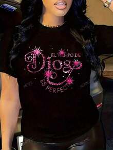 Camiseta Casual de Manga Corta para Mujer, Cuello Redondo, Largo Regular, de Poliéster, con Estampado de Lema con Pedrería Rosa SU8C - Negro - Ver 2