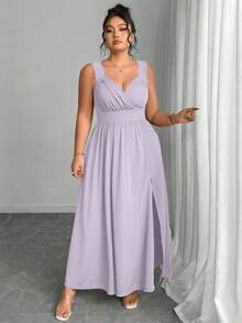 Elenzya Vestido línea A con cuello en V, contraste de encaje, tirantes finos y abertura para tallas grandes - Púrpura malva - Ver 6