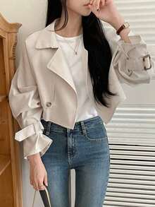Abrigo casual de trinchera de unicolor con botones delanteros y manga larga, ropa de otoño para mujer - Albaricoque - Ver 5