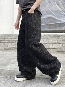 ONE.DINY Men's Retro Jacquard Loose Wide-Leg Jeans, Men's Fashion Streetwear Loose Casual Pants - Black - View 5