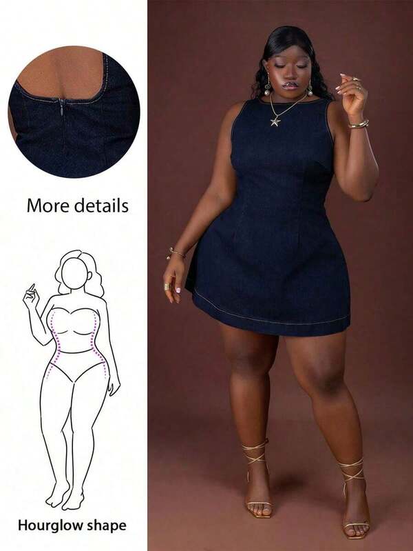 CurvyTilda Plus Size Women's Backless Round Neck Sleeveless Casual Denim Dress, Spring/Autumn,,Travel, Commuting, Party, Vacation, Old Money Style, Shopping, Banquet, Elegant, Party, Date,Winter,Fall ,Autumn,Halloween,Christmas ,New Year,Thanksgiving, Party Backless Denim Dress Sleeveless Denim Dress, For Hourglass Body Shape