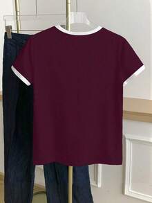 Camiseta de mujer de manga corta con cuello redondo, bloque de color, bordado de corazón a rayas y versátil - Burdeos 2 - Ver 2