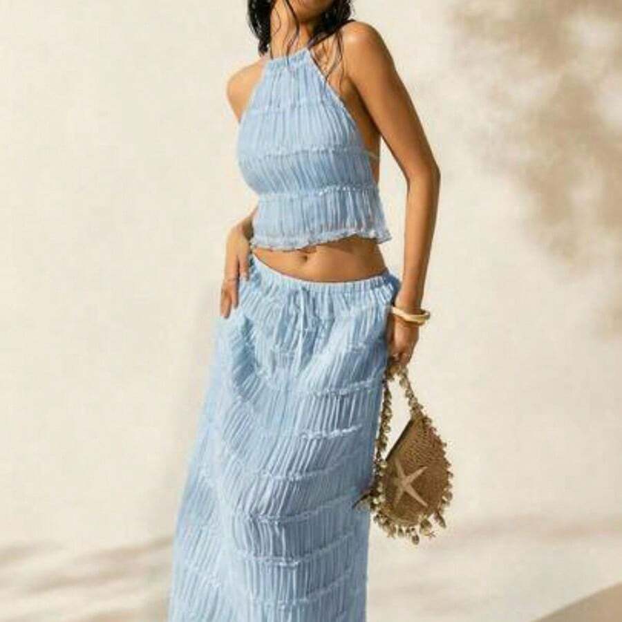Women's Vacation Outdoor Romantic Halter Backless Low Waist Skirt Set Beach Skirt Set Summer Skirt And Top Set Summer 2 Piece Sets Woman Beach 2 Piece Set 2 Piece Skirt Set - Azul - Ver 1