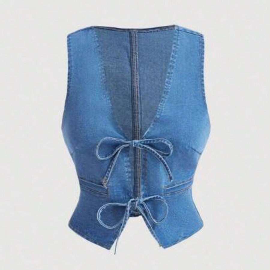 MOD Women's 70s Casual Slim Fit Denim Vest With Tie Front, Vintage - Lavado ligero - Ver 1