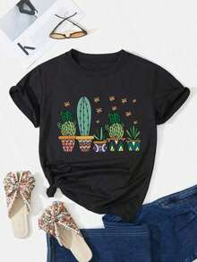 Camiseta de mujer moderna, informal, para fiestas y para estar en casa, 100% algodón, corte holgado.Vintage Camiseta casual de manga corta con estampado de cactus bonsai para mujer,Top de verano con cuello redondoFashion - Negro - Ver 6