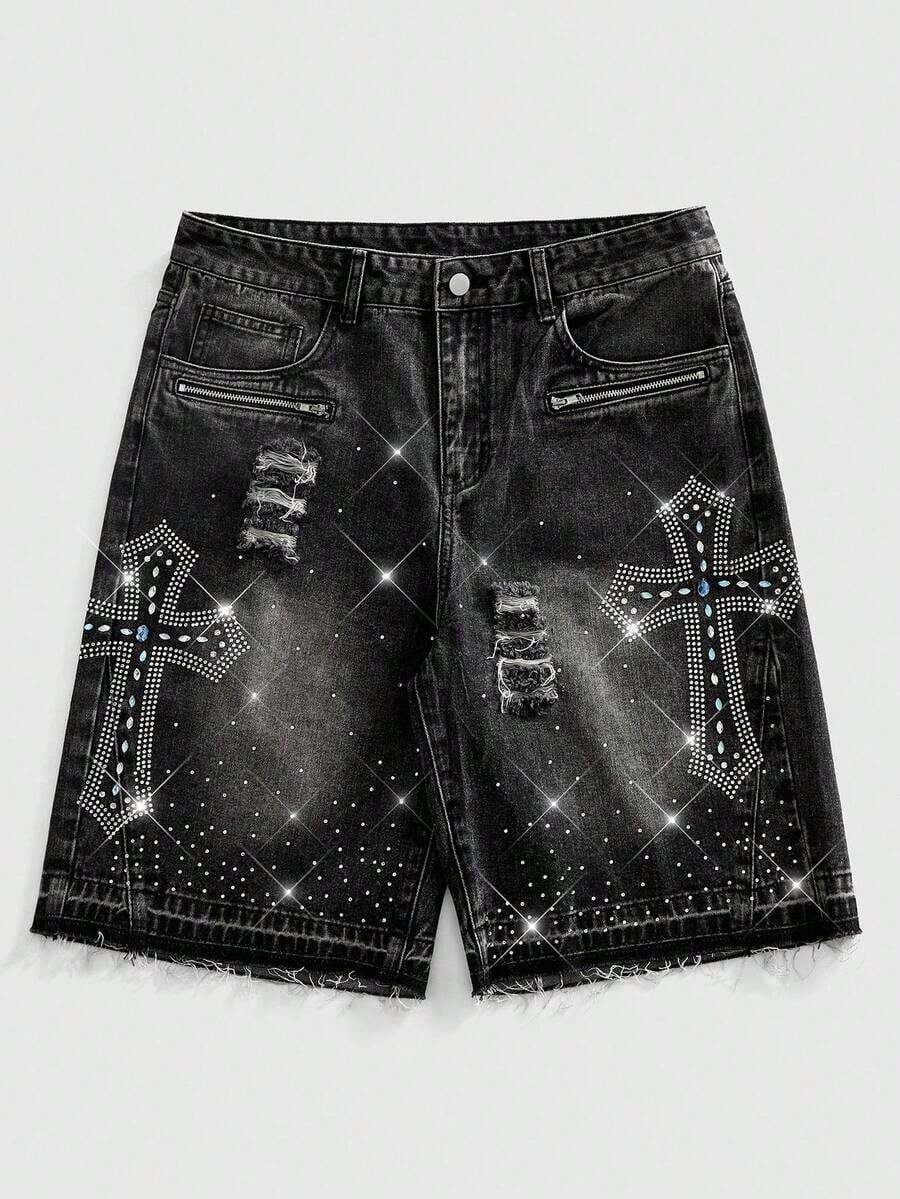 ROMWE MEN Street Life Pantalones cortos de mezclilla con doble cintura y bordado para hombres - Negro 4 - Ver 1