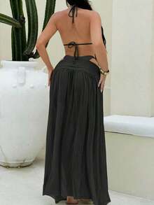 Vaytide Set de 3 piezas: Bikini de tela brillante de unicolor con diseño de aro de metal asimétrico + Vestido de malla larga tipo capa para la playa, traje de baño de resort vacacional para mujer - Negro - Ver 5