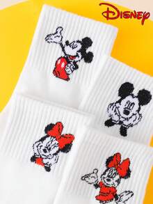 Disney 1/4/8 双装男女通用中筒袜 - 迪士尼米奇和米妮卡通可爱手捂脸图案简约白色设计 - 适合日常休闲穿着，四季皆宜 - 彩色 - 查看 5