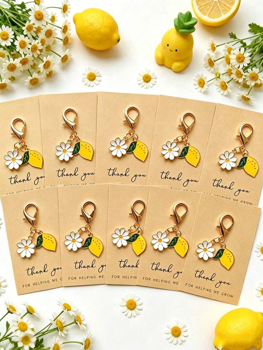 40pcs/20pcs/10pcs/5pcs Lemon Theme Keychain & Thank You Card Gift Set - Perfect Gift For Spring/Summer Events, Birthday Parties, Weddings, Lemon Theme Picnics, Anniversaries Or Vintage Style Gatherings - One Size Fits All - View 1