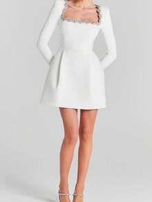Vestido largo mujer manga larga, cuello cuadrado con pedrería, cintura ajustada, elegante - Blanco - Ver 3
