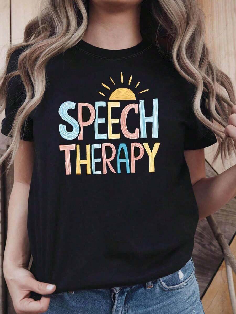 Camiseta casual y sencilla para mujer con estampado de TERAPIA DEL HABLADO, adecuada para clases de terapia y reuniones profesionales, estilo cálido y reconfortante, manga corta, camiseta de ambiente profesional - Estilo vintage urbano, unisex, holgada, de algodón, manga corta, cuello redondo, camiseta para mujer. - Multicolor - Ver 1