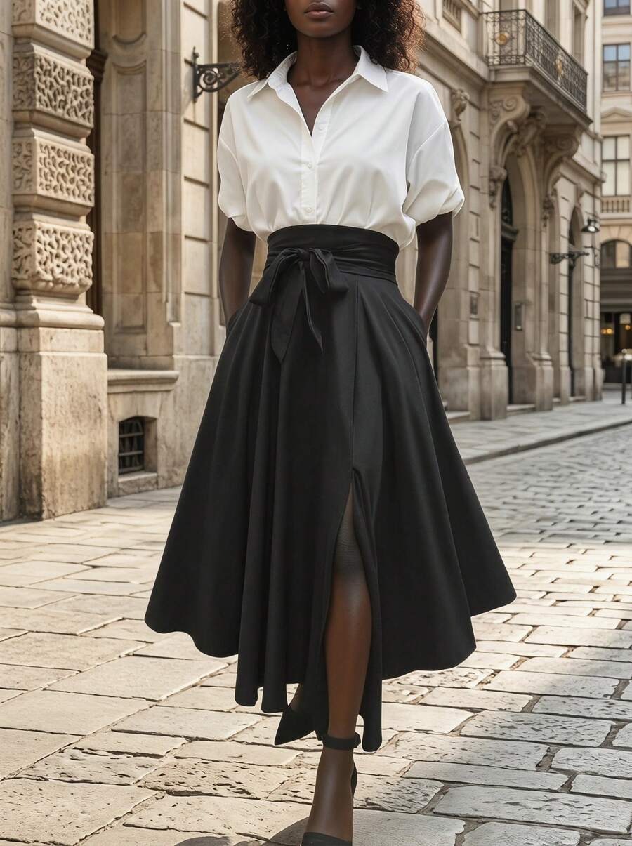 Elegaris Women's Solid Color Simple Daily Slit Skirt Black Elegant Spring - Black - View 1
