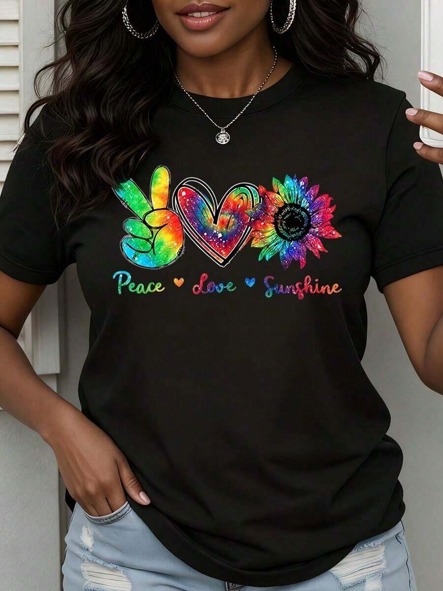 Camiseta de Manga Corta para Mujer Talla con Estampado Tie-Dye de Paz, Amor y Sol, Diseño de Corazón y Girasol, Estilo Casual para Playa y Uso Diario - Camiseta Unisex de Algodón Suelto con Cuello Redondo y Manga Corta, Estilo Vintage Urbano - Negro - Ver 1