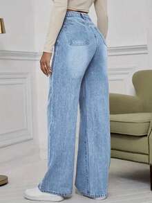 Women's Mid Waist Non Elastic Casual Loose Straight Leg Denim Pants Suitable For Daily Commuting And Home Wear - màu xanh lam trung bình - Xem 4