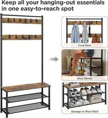 Coat Rack Stand, 185cm Height Coat Stand With Shoe Bench, Industrial Coat And Shoe Rack Storage For Hallway/Living Room, Rustic Brown - Rustic Brown - View 5