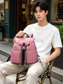 Mochila de nailon impermeable multicolor de 1 pieza con cordón ajustable, ligera y espaciosa para ir al trabajo o viajar. - Rosa - Ver 3
