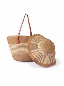 Trivaya 1 Straw Hat + 1 Bag, Vacation Casual Set - Khaki and Beige - View 6