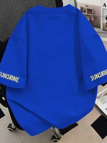優雅舒適時尚休閒大尺碼 T-shirt「Iced Coffee & Sunshine」橘色杯子印花 T-shirt，寬鬆版型，夏季上衣，春季氛圍，多巴胺配色，四季舒適彈性面料，運動多功能休閒上衣，萬聖節、聖誕節、新年，適合日常穿著、外出上衣、野餐、度假、海灘、派對、生日、海灘、聚會、音樂節、度假、通勤、健身、婚禮、新年、夏季 - 藍色 - 查看 2