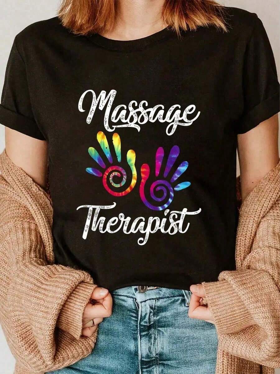 short-sleeveCamiseta casual de verano para mujer con estampado divertido de terapeuta, manga corta con cuello redondo, 100% algodón, camiseta de algodón grueso para mujer.100% Cotton - Negro - Ver 1